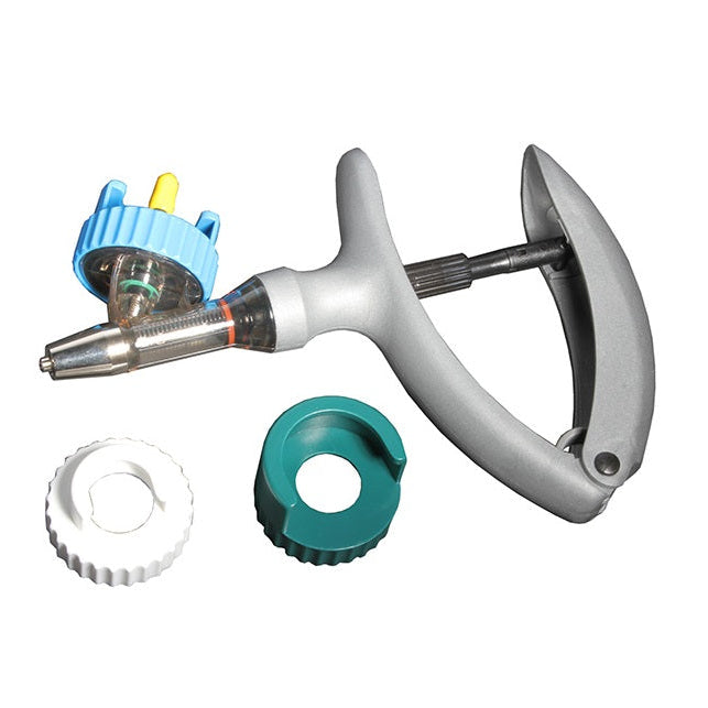 Agrihealth Ecomatic 2ml bottle mounted automatic vaccinator with green, blue, and white adapter collars.
