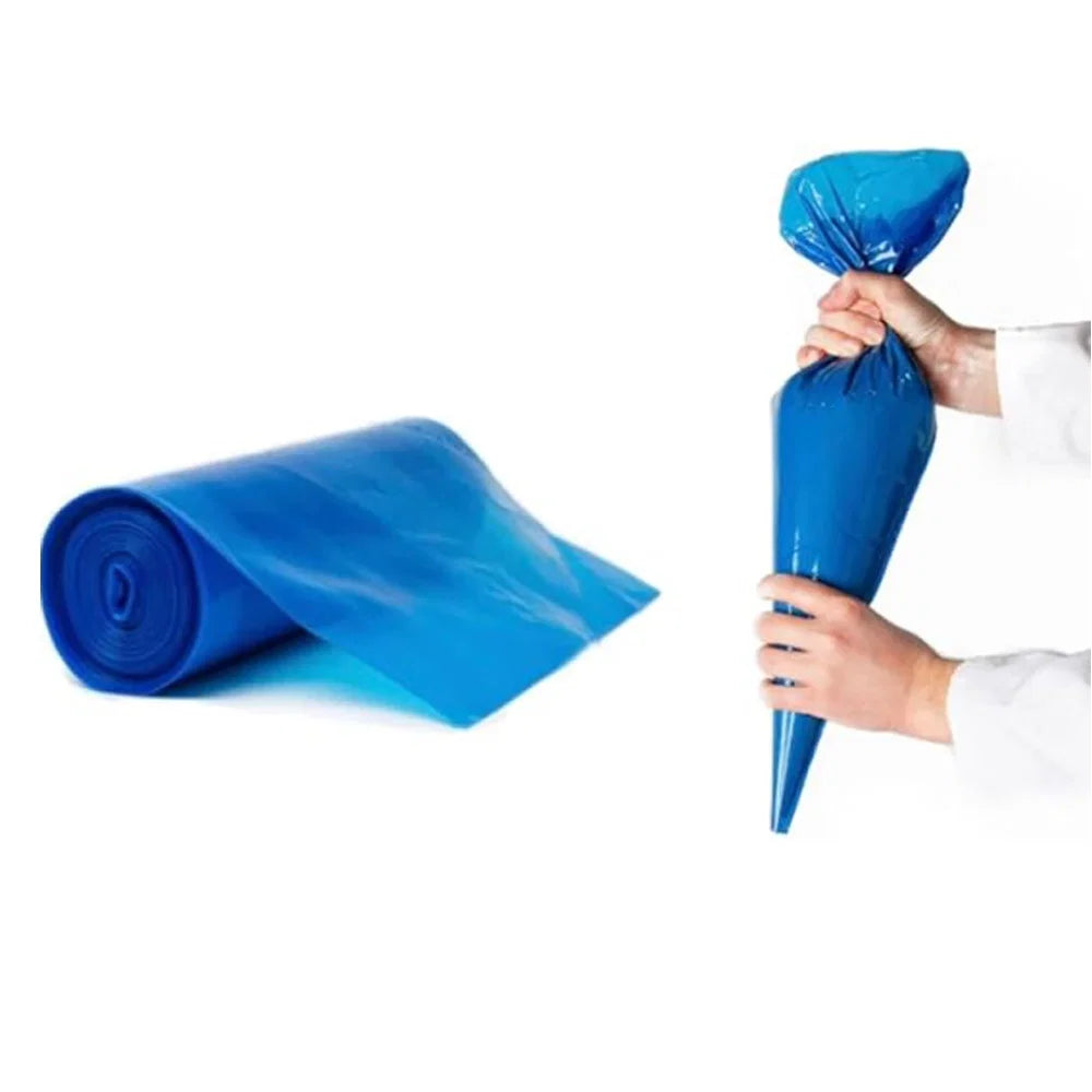 Roll of Eddingtons blue plastic disposable piping bags shown alongside a hand holding a filled piping bag.