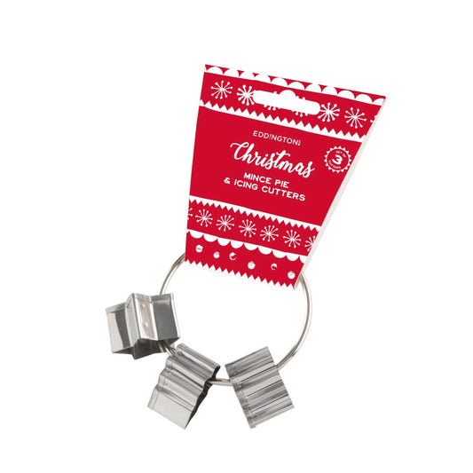Eddingtons set of three stainless steel Christmas cookie cutters including star, tree, and holly leaf shapes on a storage ring