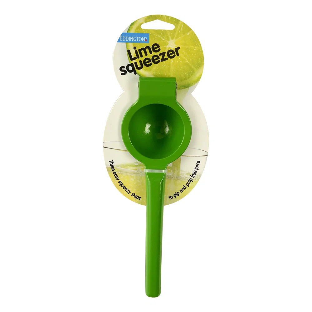 Bright green Eddingtons handheld metal lime squeezer shown on a white background.