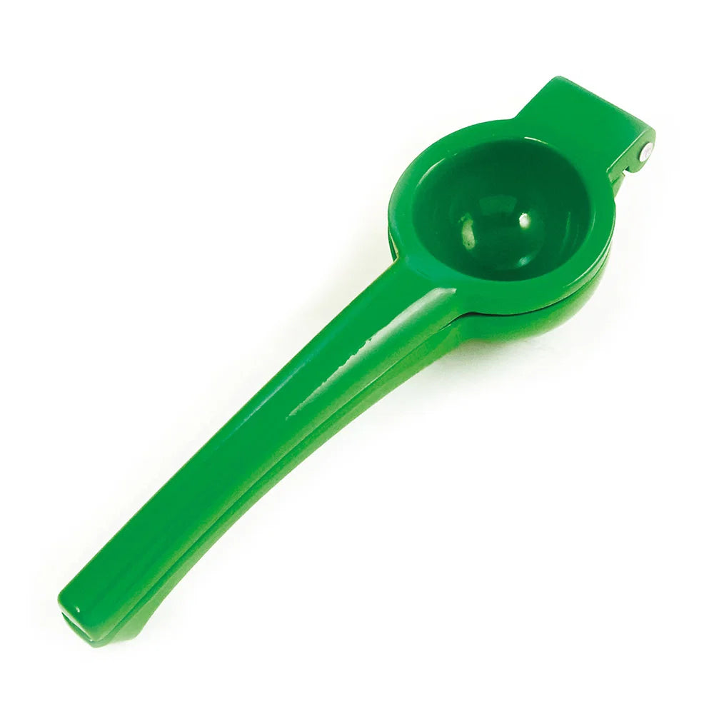 Bright green Eddingtons handheld metal lime squeezer shown on a white background.