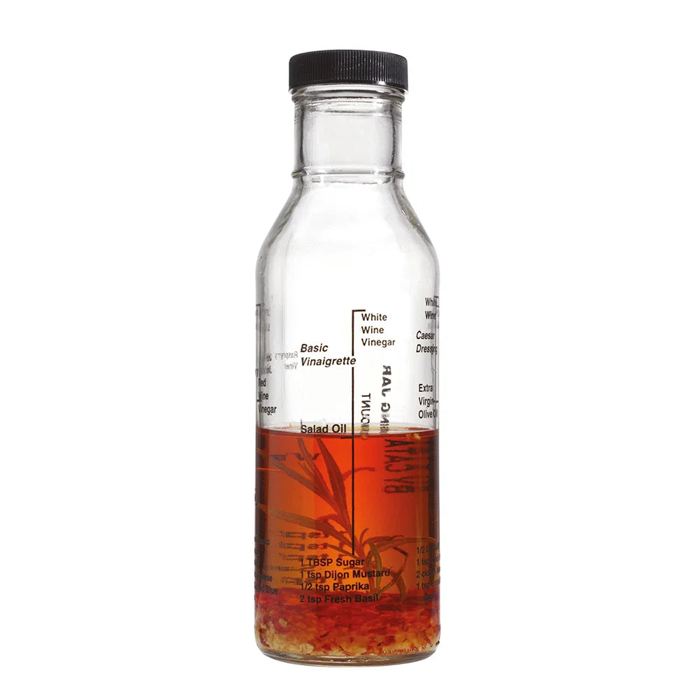 ddingtons 300ml clear glass salad dressing mixer jar with printed recipe measurements and black screw lid.