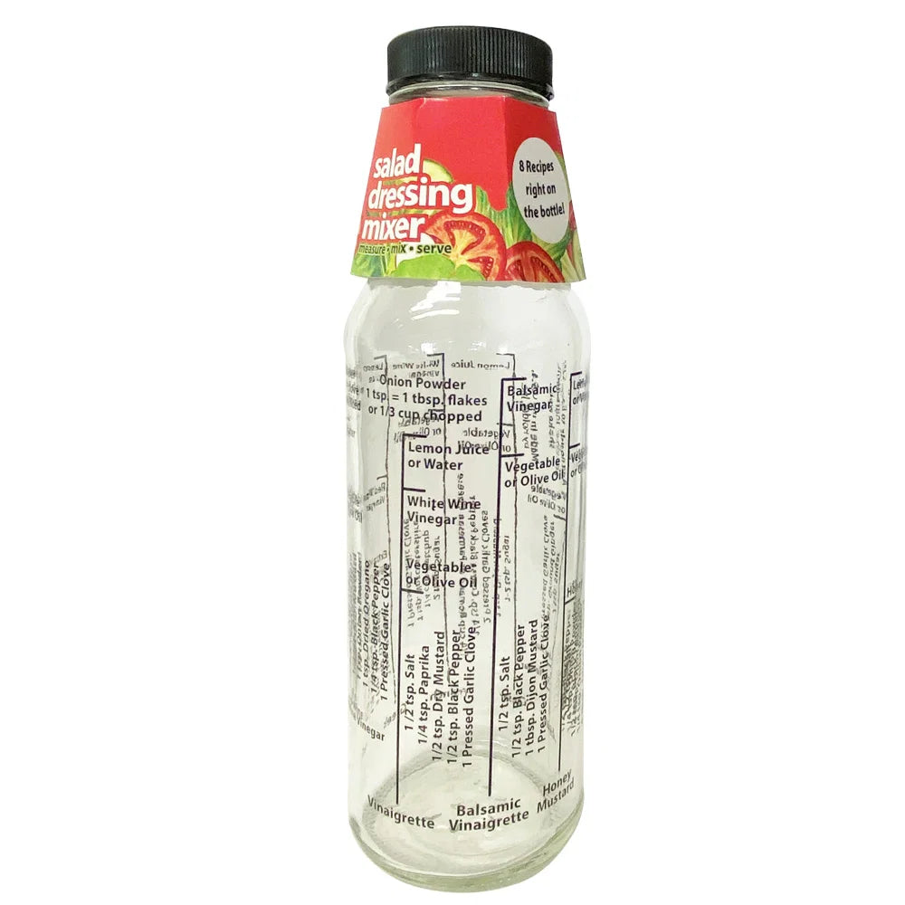 ddingtons 300ml clear glass salad dressing mixer jar with printed recipe measurements and black screw lid.