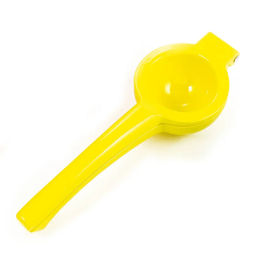Bright yellow Eddingtons handheld metal lemon squeezer shown on a white background.