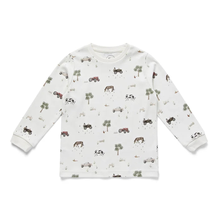 Eleanor Charles On The Farm print organic cotton pyjamas featuring red tractors and farm animals