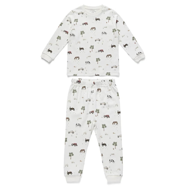 Eleanor Charles On The Farm print organic cotton pyjamas featuring red tractors and farm animals