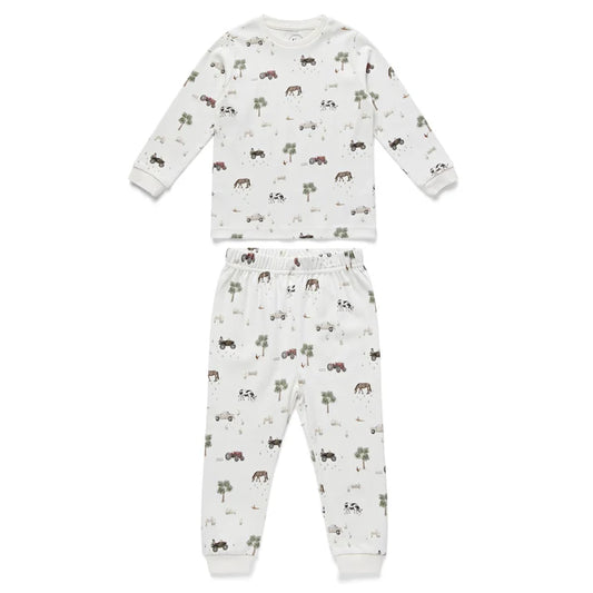 Eleanor Charles On The Farm print organic cotton pyjamas featuring red tractors and farm animals