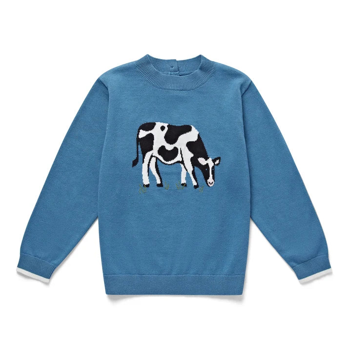eleanor charles blue jumper with cow design on front
