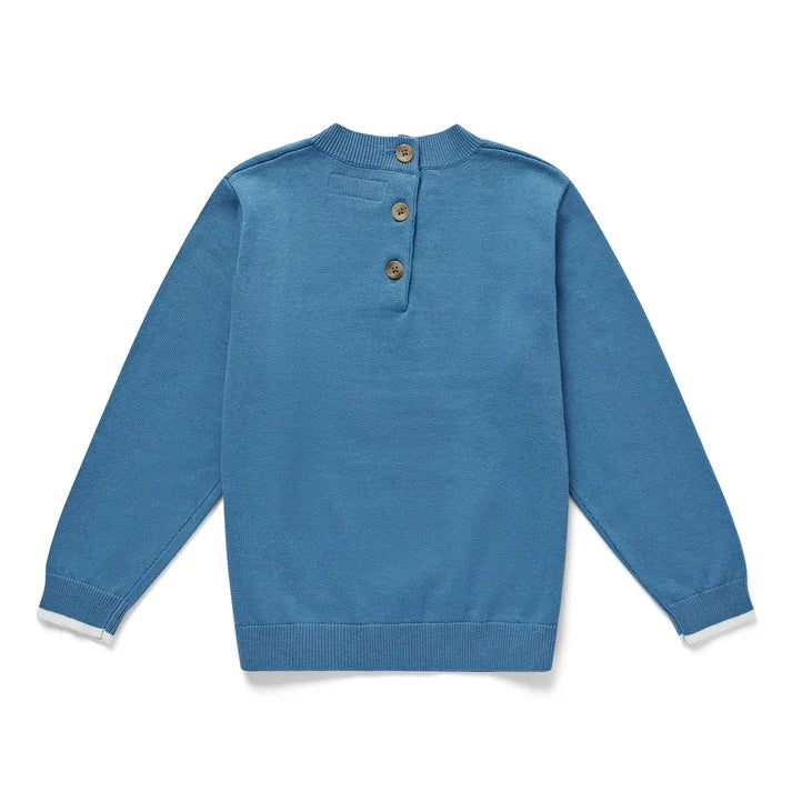 eleanor charles blue jumper with cow design on front