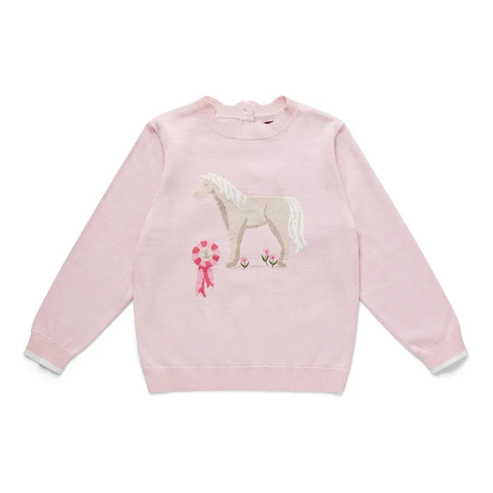 pink jumper with pony intarsia design on front