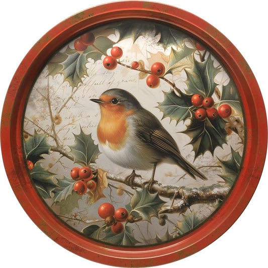 Round Elite Tins deep well serving tray with robin illustration, red berries, green holly, and red rim.