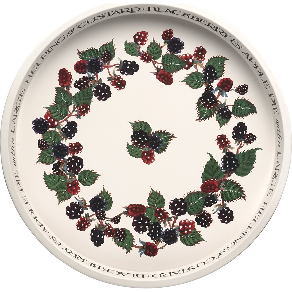 Overhead view of the Emma Bridgewater Blackberry round steel deep well serving tray with botanical berry wreath and typographic rim text