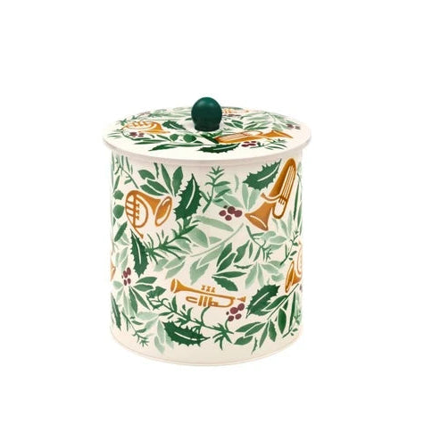 Emma Bridgewater Bring in the Green cream biscuit barrel tin with green holly and gold instrument print.