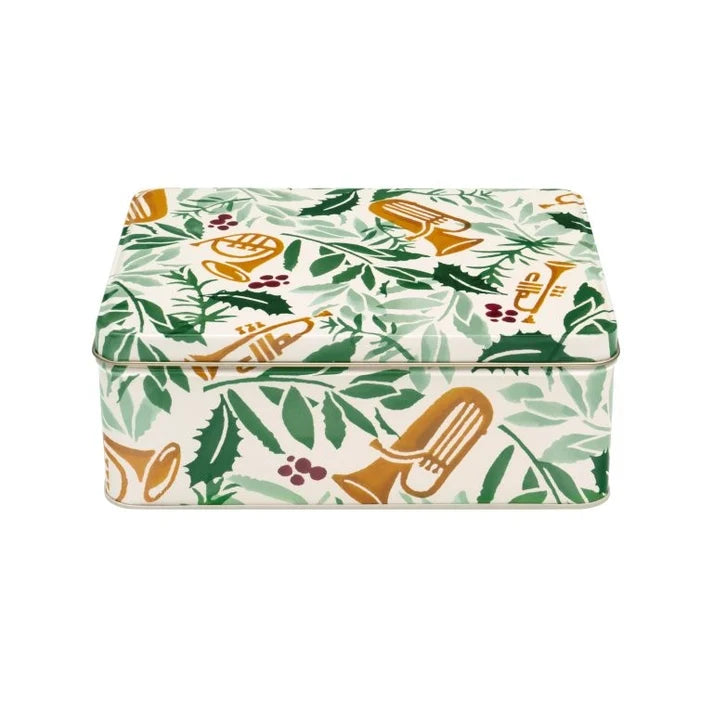 Emma Bridgewater Bring in the Green deep rectangular storage tin featuring holly leaves and gold musical instruments.