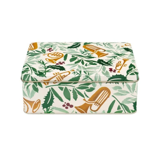 Emma Bridgewater Bring in the Green deep rectangular storage tin featuring holly leaves and gold musical instruments.