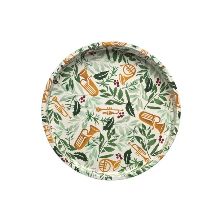 Round Emma Bridgewater Bring in the Green metal tray with raised sides featuring green holly and gold instrument print.