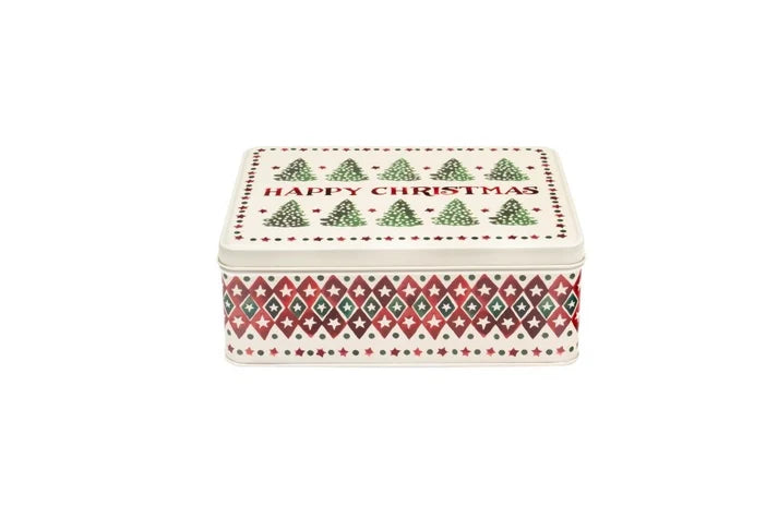 Emma Bridgewater Christmas Joy deep rectangular storage tin featuring Christmas tree artwork and red star border.