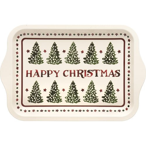 Small rectangular Emma Bridgewater Christmas Joy metal tin tray with green Christmas trees and Happy Christmas text.