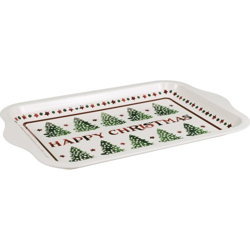 Small rectangular Emma Bridgewater Christmas Joy metal tin tray with green Christmas trees and Happy Christmas text.