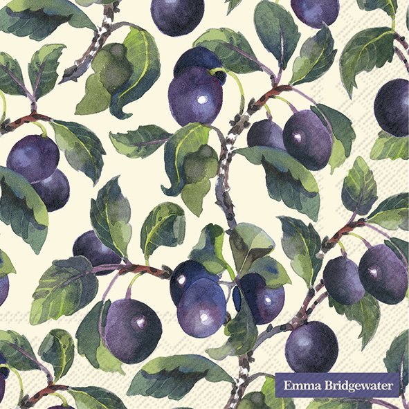 IHR Emma Bridgewater Damsons Cream paper lunch napkin featuring a damson plum and leaf motif.