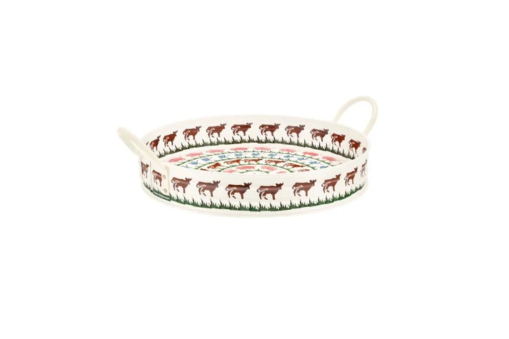 Cream Emma Bridgewater Farm Animals large round metal tray with handles, featuring rows of painted cows and pigs.