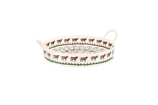 Cream Emma Bridgewater Farm Animals large round metal tray with handles, featuring rows of painted cows and pigs.