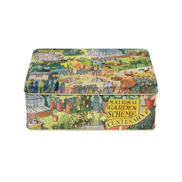 National Garden Scheme deep rectangular metal tin featuring colorful garden illustration by Matthew Rice.