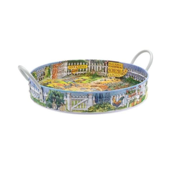 Round Emma Bridgewater National Garden Scheme metal tray with handles, featuring garden illustration by Matthew Rice.
