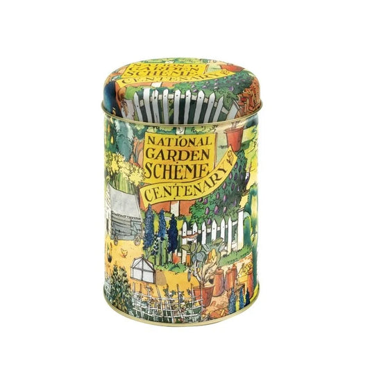 Emma Bridgewater National Garden Scheme round metal caddy tin with garden illustration by Matthew Rice.