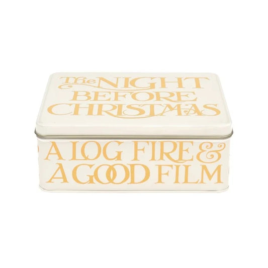 Cream Emma Bridgewater Night Before Christmas deep rectangular tin with gold Christmas typography.