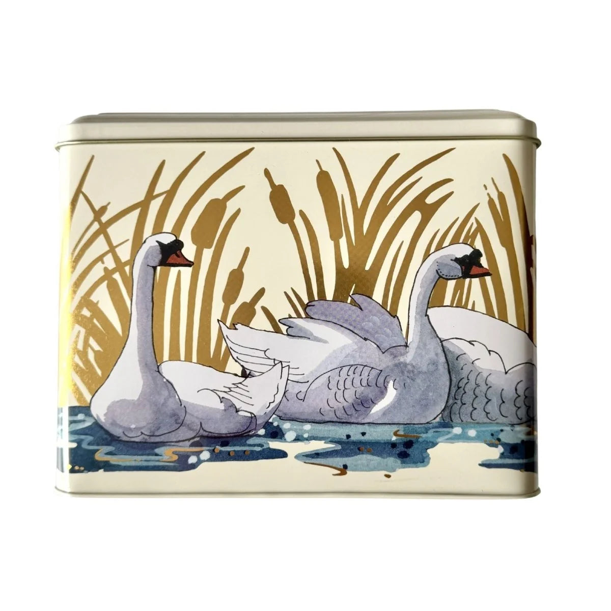Emma Bridgewater Seven Swans extra large rectangular steel caddy tin with gold Christmas lettering on the lid.