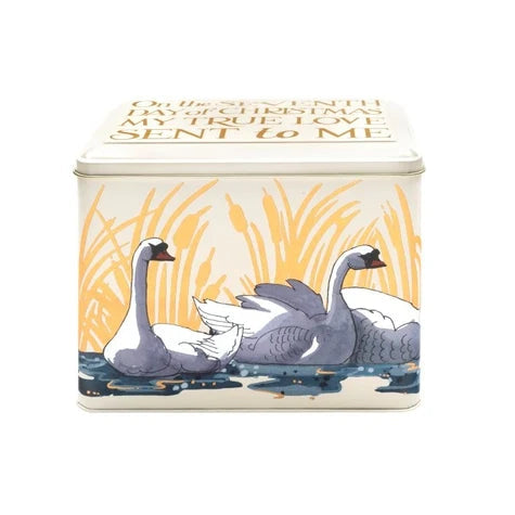 Emma Bridgewater Seven Swans extra large rectangular steel caddy tin with gold Christmas lettering on the lid.