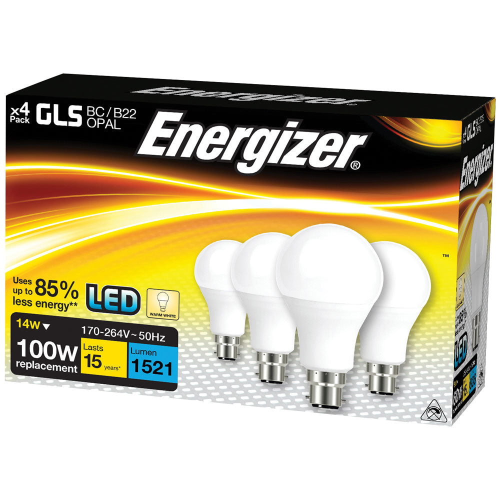 Energizer S14423 LED BC B22 Opal GLS Warm White Bulbs Pack of 4