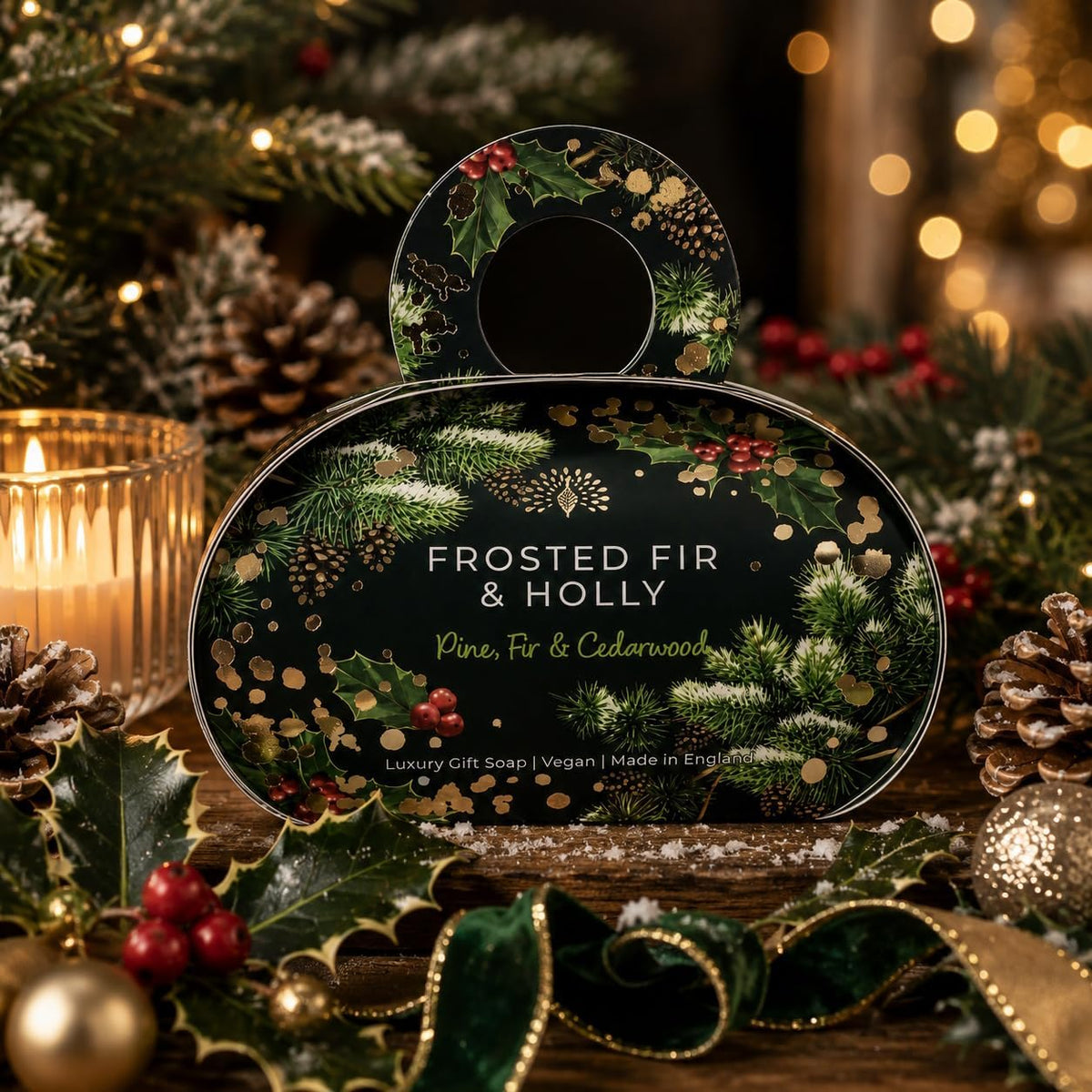 English Soap Company Frosted Fir & Holly 260g soap bar enriched with shea butter. Vegan-friendly, British-made luxury soap in a festive gift box.