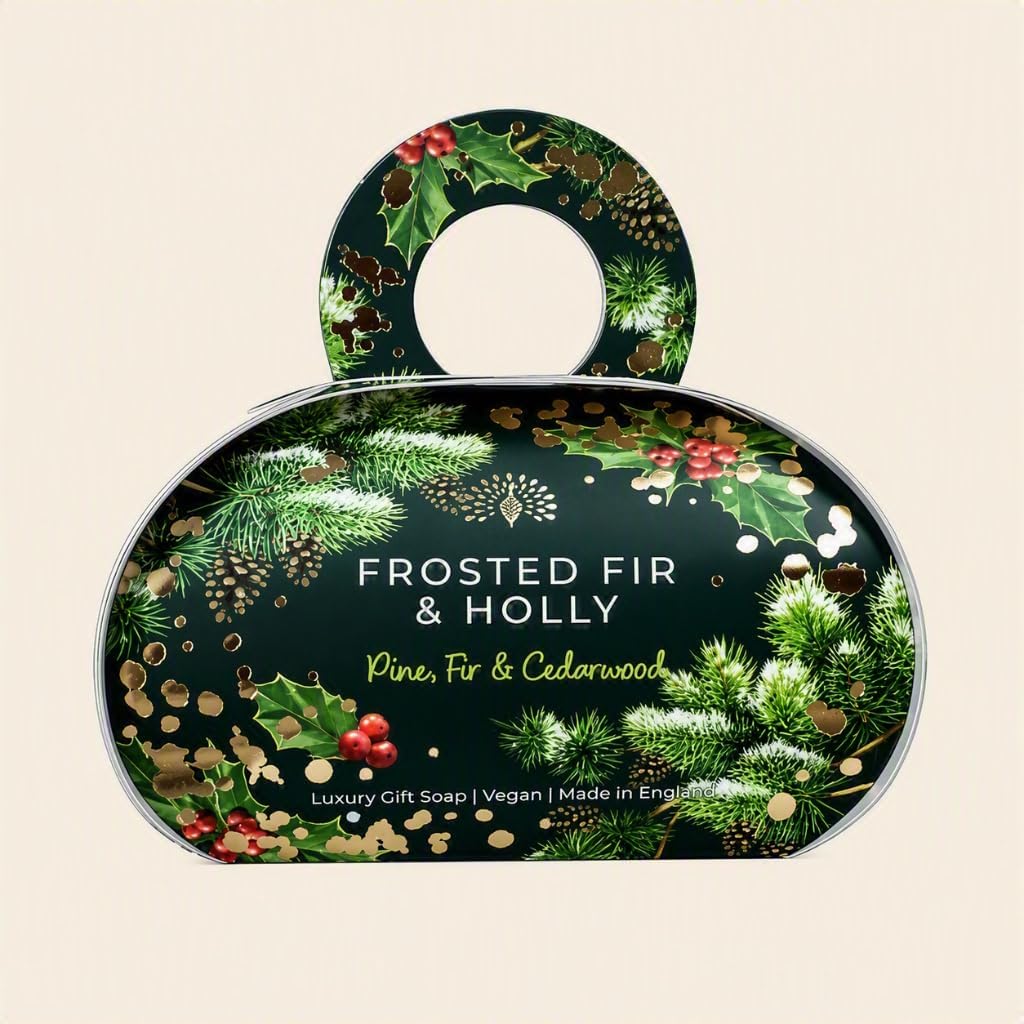 English Soap Company Frosted Fir and Holly 260g festive scented luxury soap bar in green handbag gift packaging