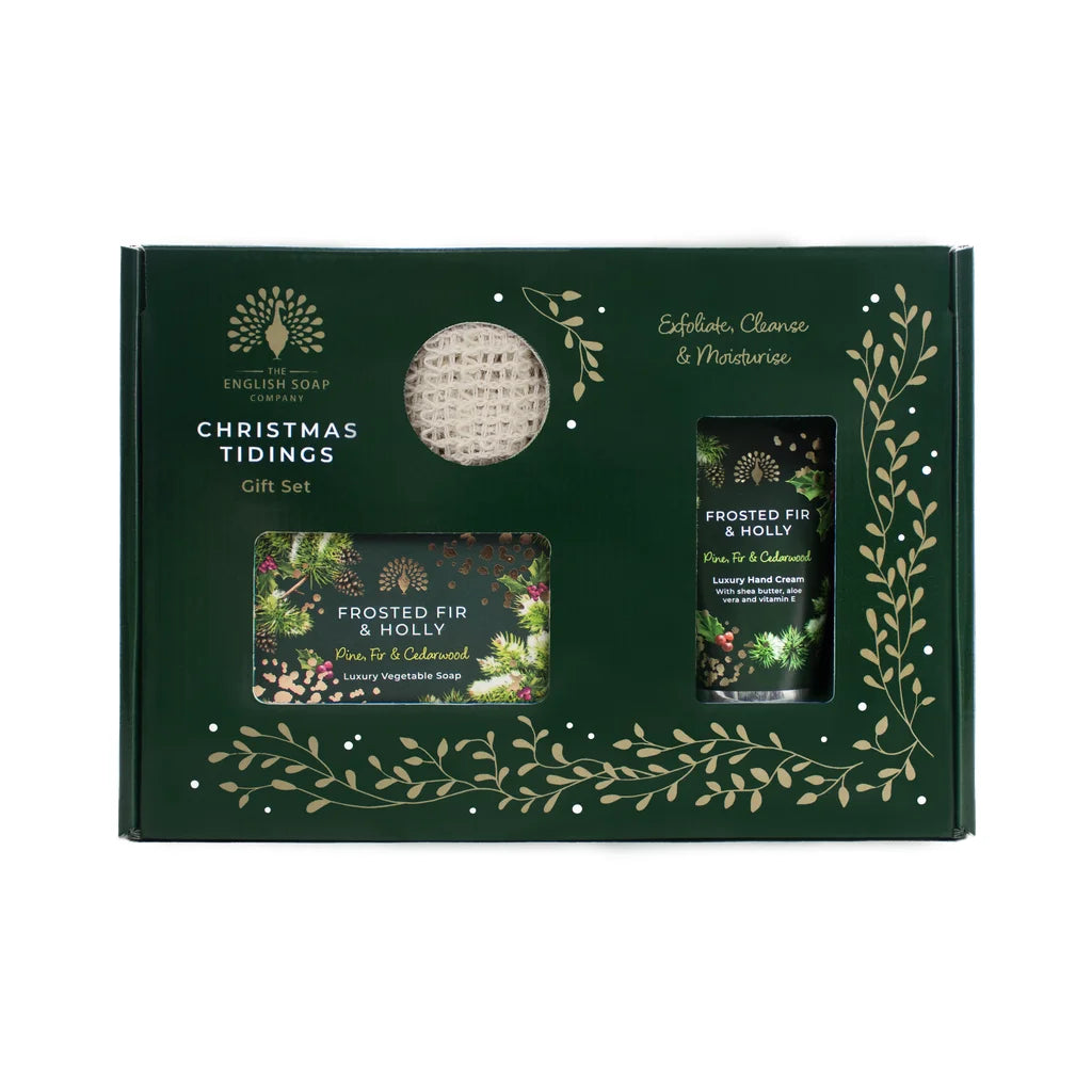 English Soap Company Frosted Fir and Holly Hand and Body boxed gift set including soap bar, hand cream, and pouch