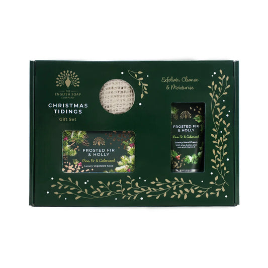 English Soap Company Frosted Fir and Holly Hand and Body boxed gift set including soap bar, hand cream, and pouch