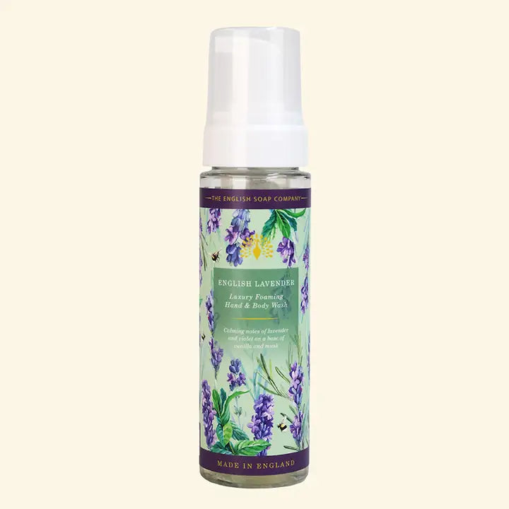 English Soap Company Heritage English Lavender foaming hand and body wash bottle with botanical illustrations