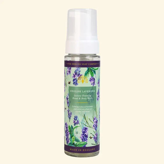 English Soap Company Heritage English Lavender foaming hand and body wash bottle with botanical illustrations