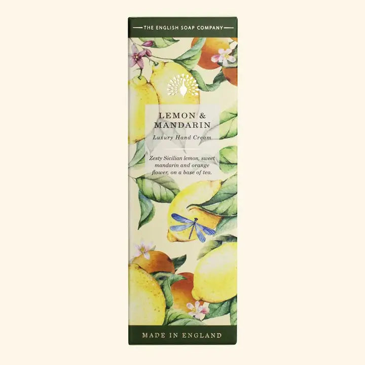 English Soap Company Heritage Lemon and Mandarin Hand Cream 75ml outer box decorated with citrus illustrations