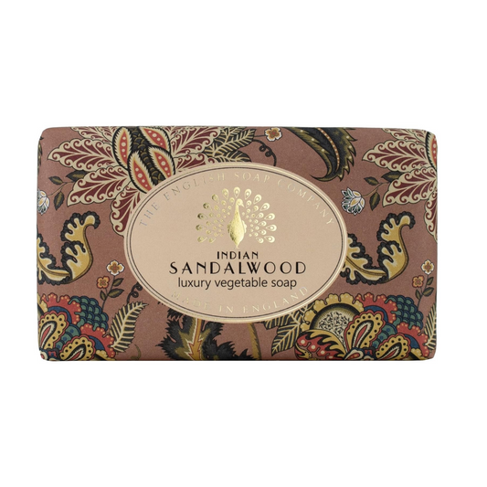 The English Soap Company Heritage Indian Sandalwood soap bar wrapped in decorative paper artwork
