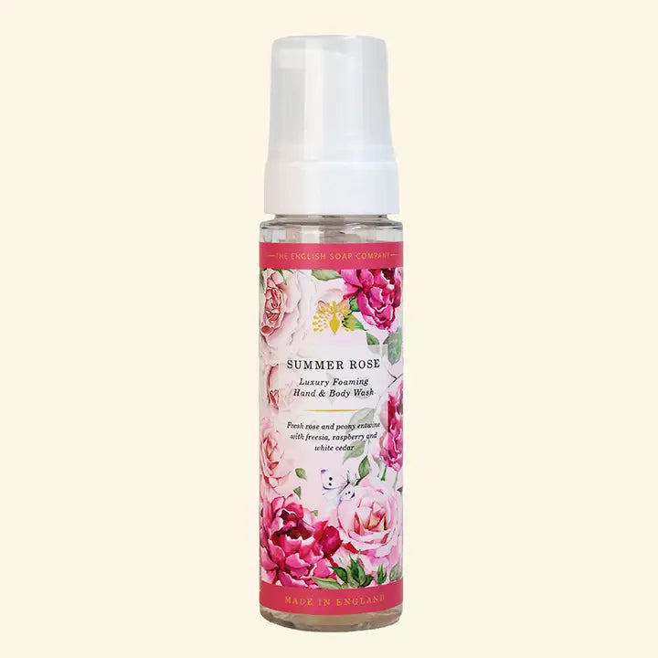 English Soap Company Heritage Summer Rose foaming hand and body wash bottle decorated with pink rose illustrations