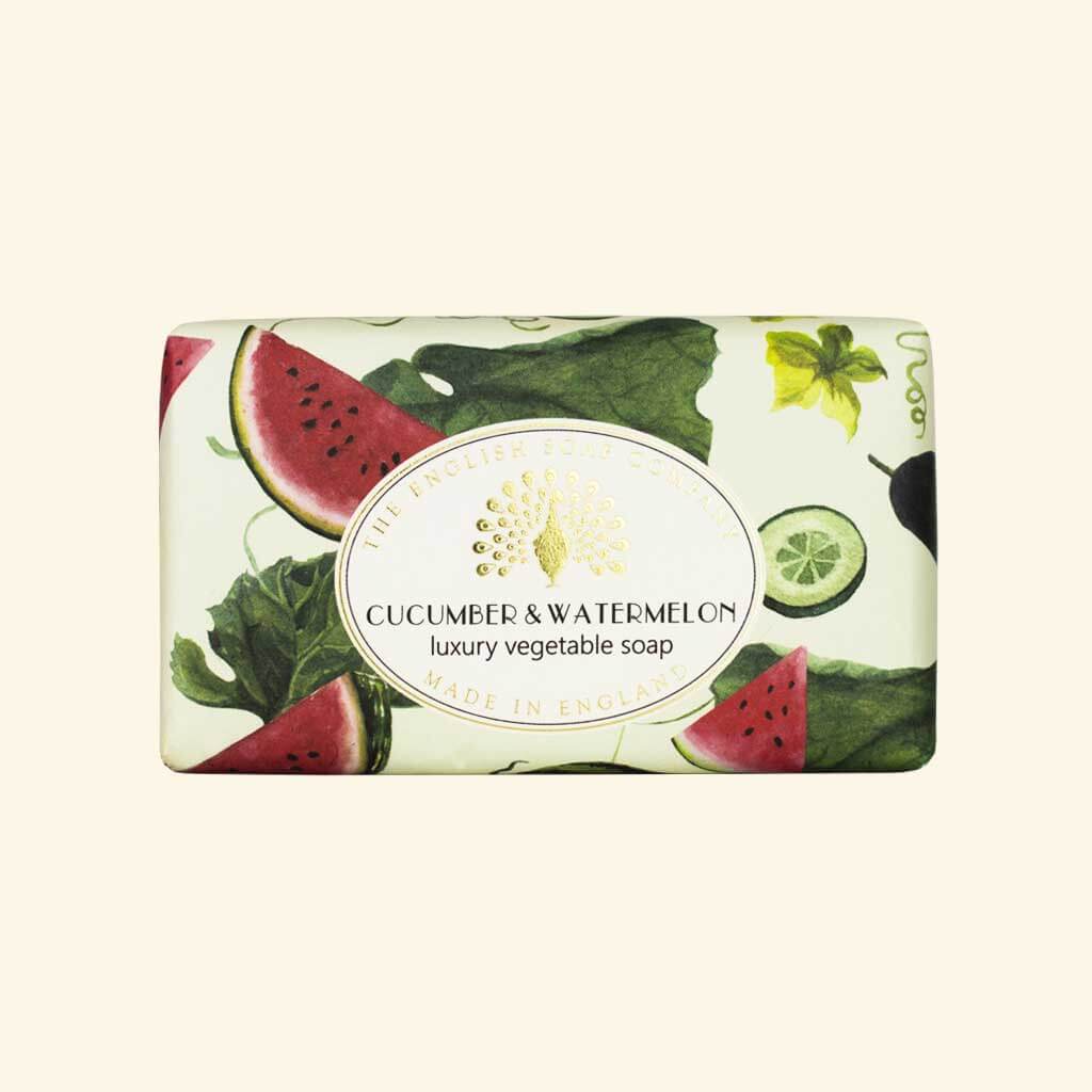 The English Soap Company Vintage Cucumber and Watermelon Soap 190g bar wrapped in vintage botanical paper