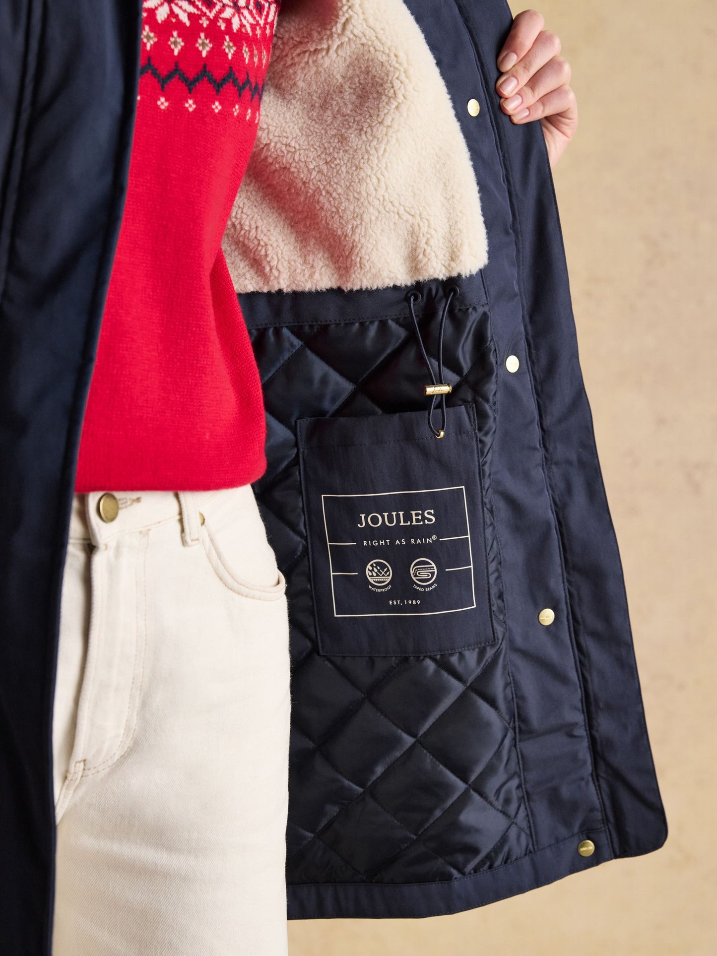 Joules Portwell Cosy Fleece Lined Waterproof Raincoat with Hood