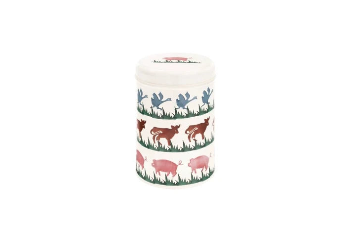 Cream Emma Bridgewater Farm Animals round metal caddy tin featuring painted ducks, cows, and pigs.