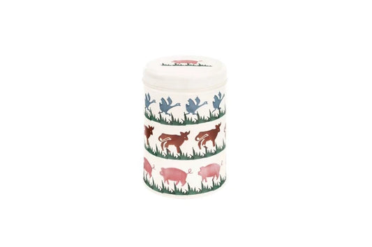 Cream Emma Bridgewater Farm Animals round metal caddy tin featuring painted ducks, cows, and pigs.