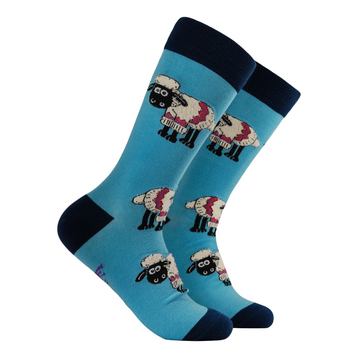 Socktopus Fluffy Shaun the Sheep socks featuring textured Shaun the Sheep motifs on a light blue background with navy cuffs