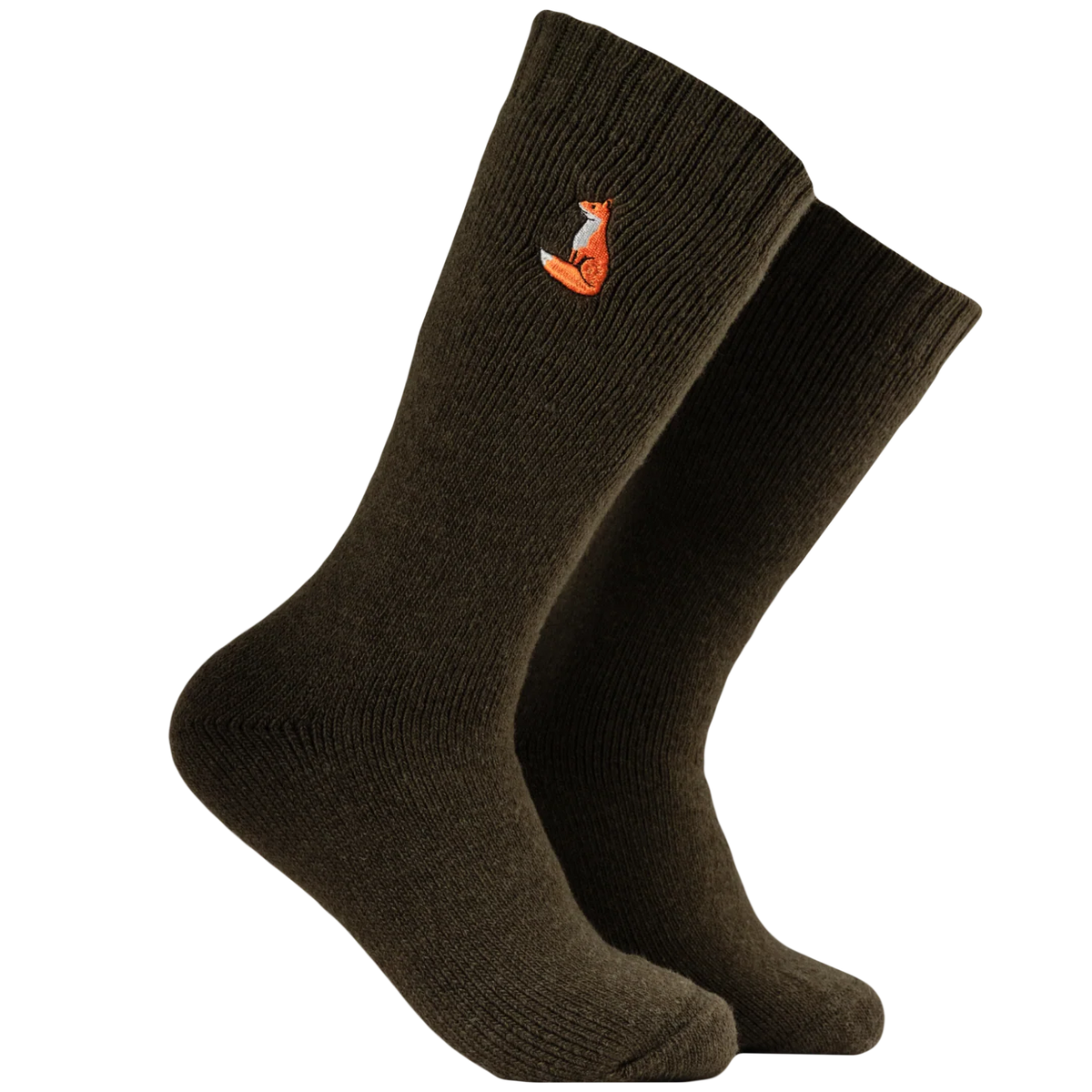 Socktopus olive green wool blend boot socks featuring an embroidered fox emblem and anti-slip sole grips