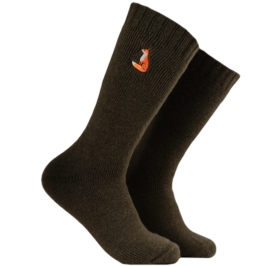 Socktopus olive green wool blend boot socks featuring an embroidered fox emblem and anti-slip sole grips