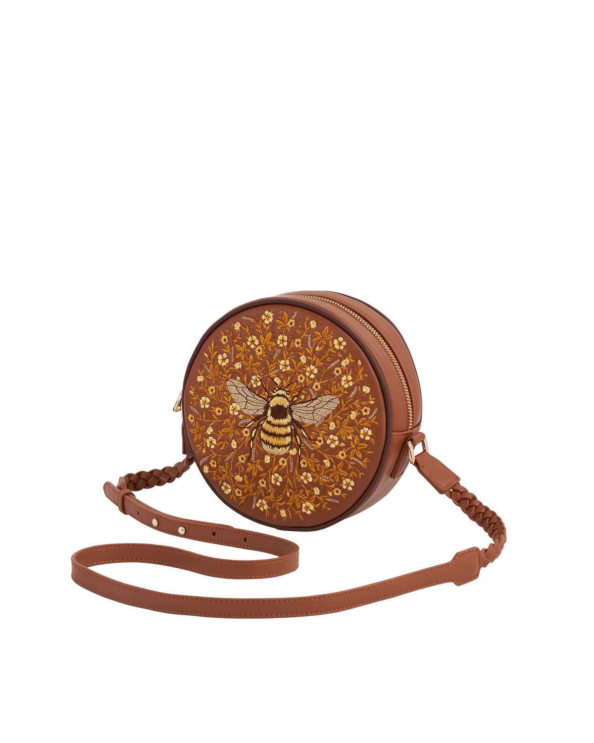Fable Bumble Circle Bag in tan faux leather featuring detailed embroidered bee and floral pattern